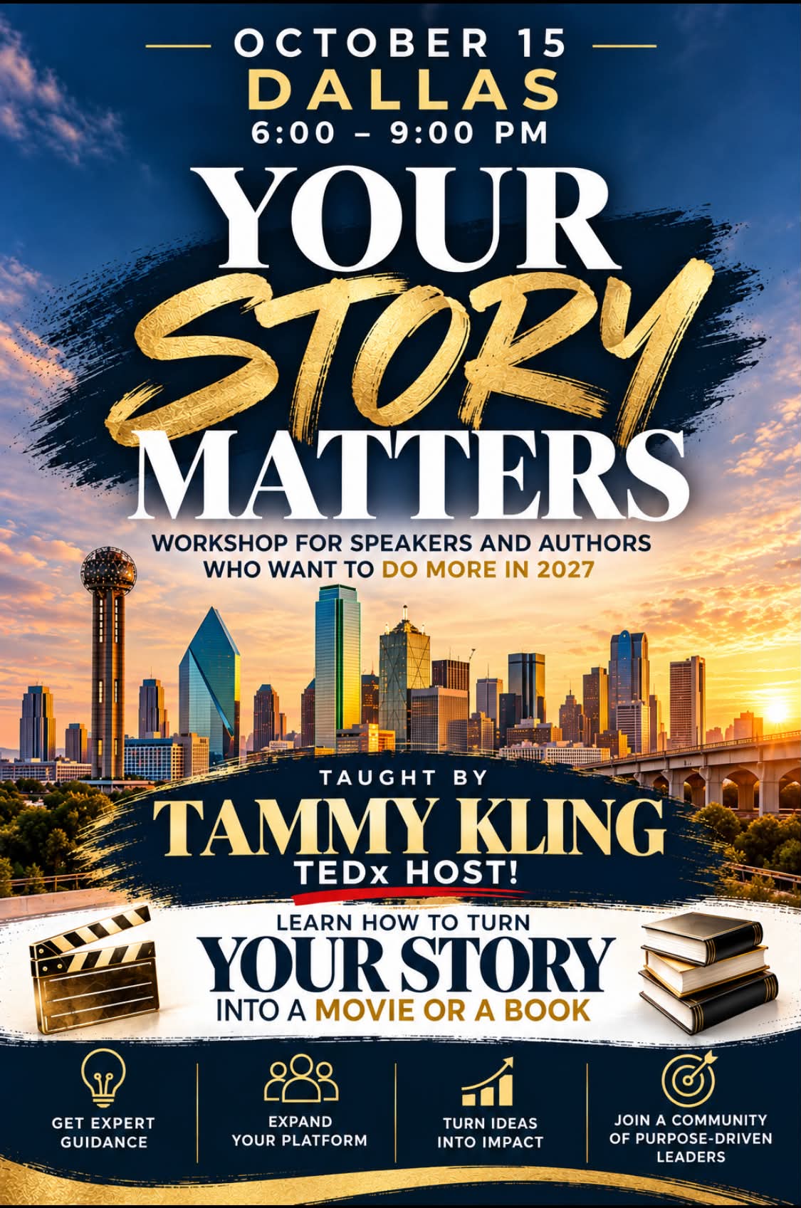 YOUR STORY MATTERS workshop poster for October 15 in Dallas, taught by Tammy Kling